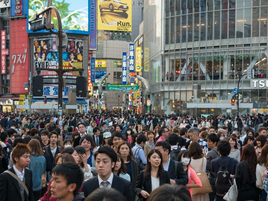 The Shibuya crossing, jam packed with people