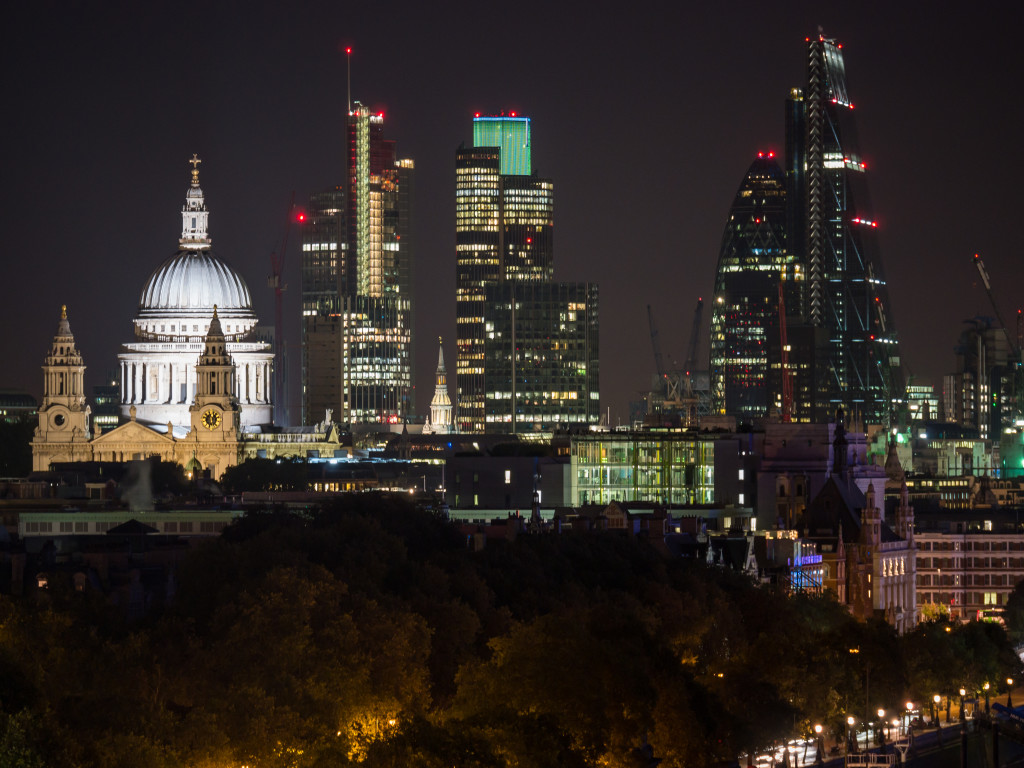 London night skyline from balcony at The Savoy.
